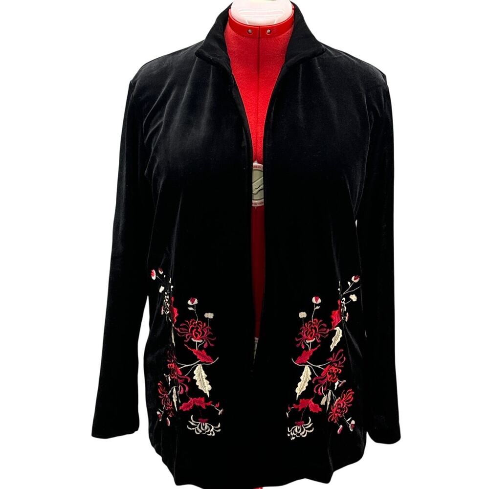 Brownstone Studio Vintage Black Velvet Red Floral Cardigan Jacket Women Medium